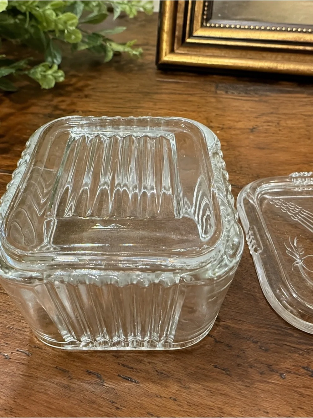 Vintage Federal Glass Refrigerator Dish Vegetable Lid 4” Square Clear